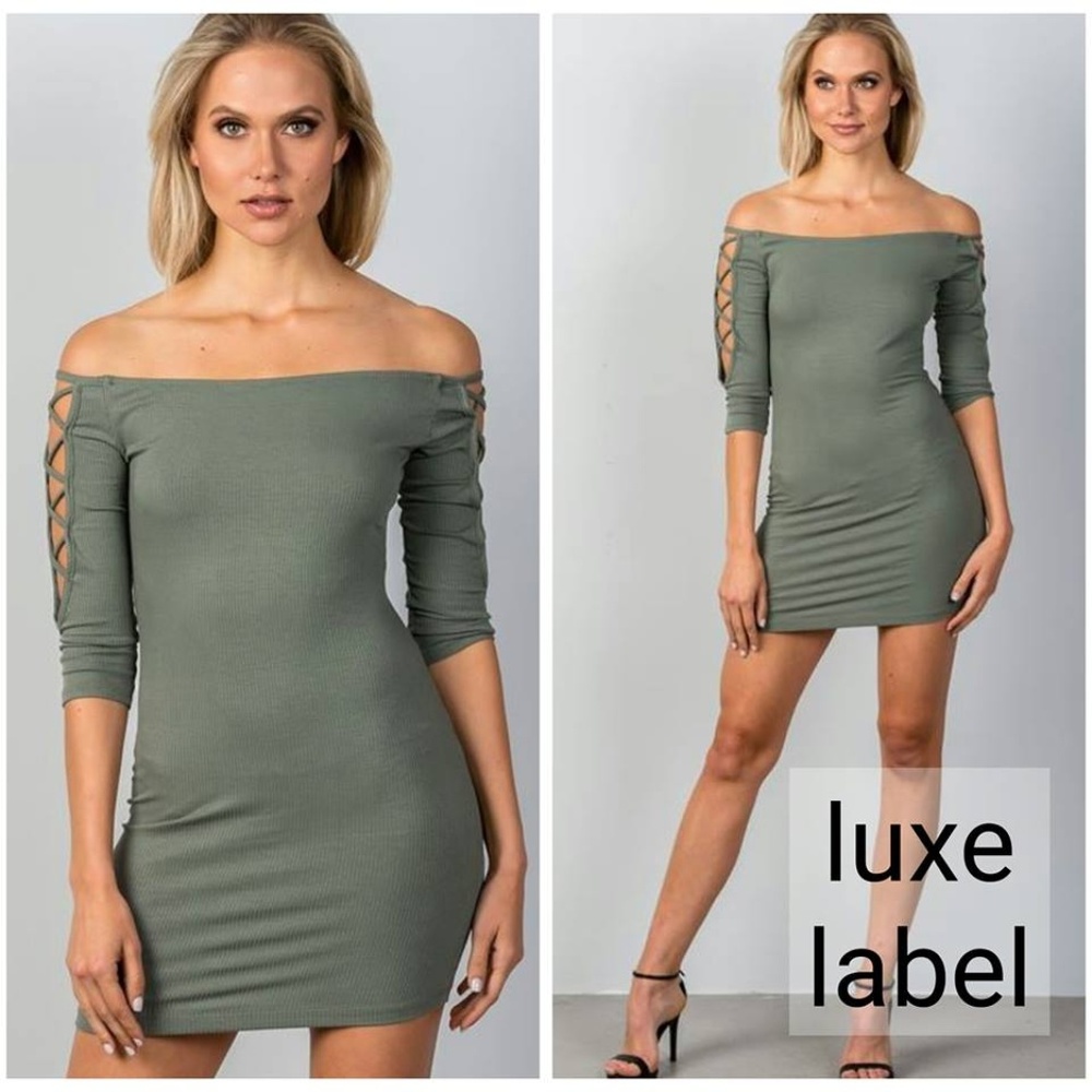 OFF SHOULDER RIBBED BODYCON MINI DRESS in AVOCADO